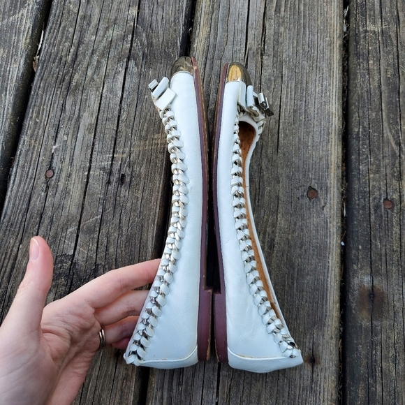 Jeffrey Campbell Carrie B White Leather Chain Metal Cap Toe Bow Ballet Flats 6 - Picture 4 of 9